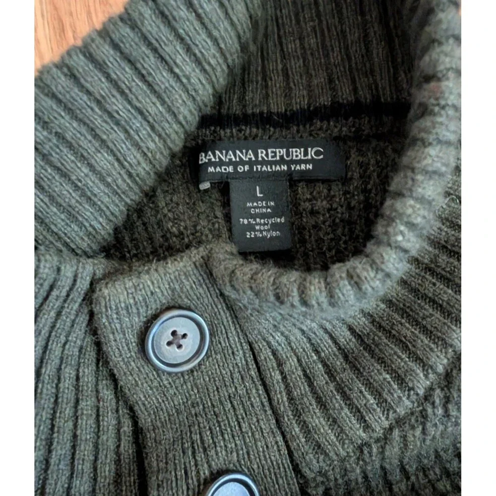 Banana Republic Sweater Mens L Italian Yarn Waffle Knit Wool Henley Dark Green